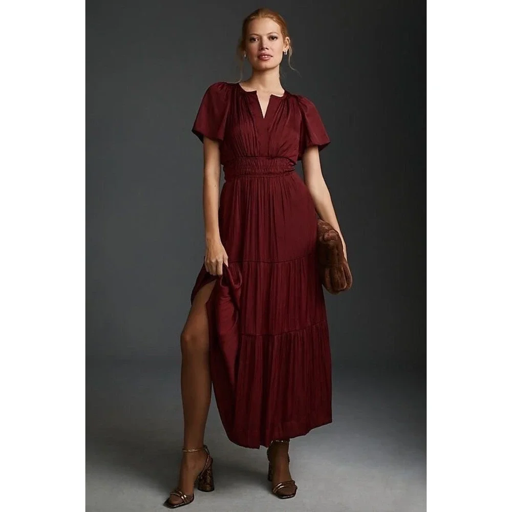 Anthropologie The Somerset Maxi Dress Satin XL Wine A-Line Tiered Smocked NWT - Picture 1 of 12